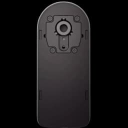 Traseira do Xiaomi Self-Install Smart Lock com placa preta retangular, furação central para eixo e quatro parafusos visíveis, design liso e minimalista.
