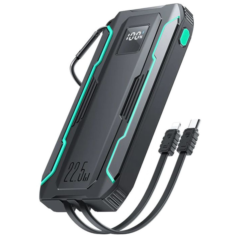 Powerbank Joyroom JR-L017 10000mAh com cabos Lightning e USB-C integrados, display LED de bateria, design robusto preto com detalhes verdes e botão lateral - Item
