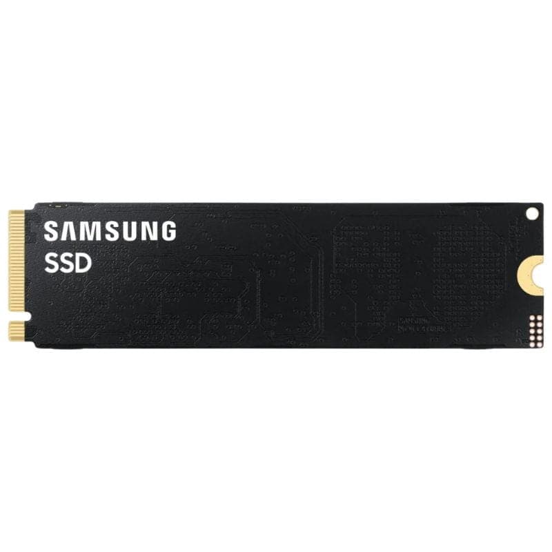 Disque SSD M.2 NVMe noir Samsung, format 2280, étiquette sobre avec logo Samsung SSD, connecteur doré PCIe à gauche, PCB noir épuré sans dissipateur