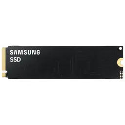 Disque SSD M.2 NVMe noir Samsung, format 2280, étiquette sobre avec logo Samsung SSD, connecteur doré PCIe à gauche, PCB noir épuré sans dissipateur