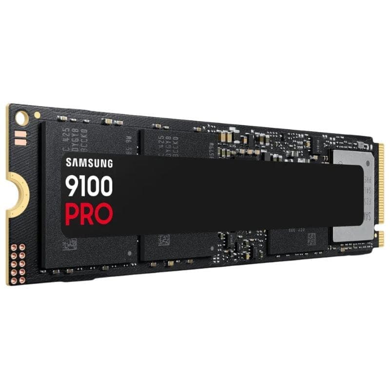 Disque SSD M.2 Samsung 9100 Pro 1 To au format NVMe PCIe 5.0, carte noire avec étiquette 9100 PRO rouge, puces mémoire visibles et connecteur doré