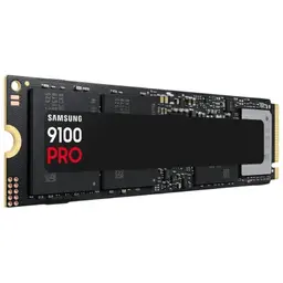 Disque SSD M.2 Samsung 9100 Pro 1 To au format NVMe PCIe 5.0, carte noire avec étiquette 9100 PRO rouge, puces mémoire visibles et connecteur doré