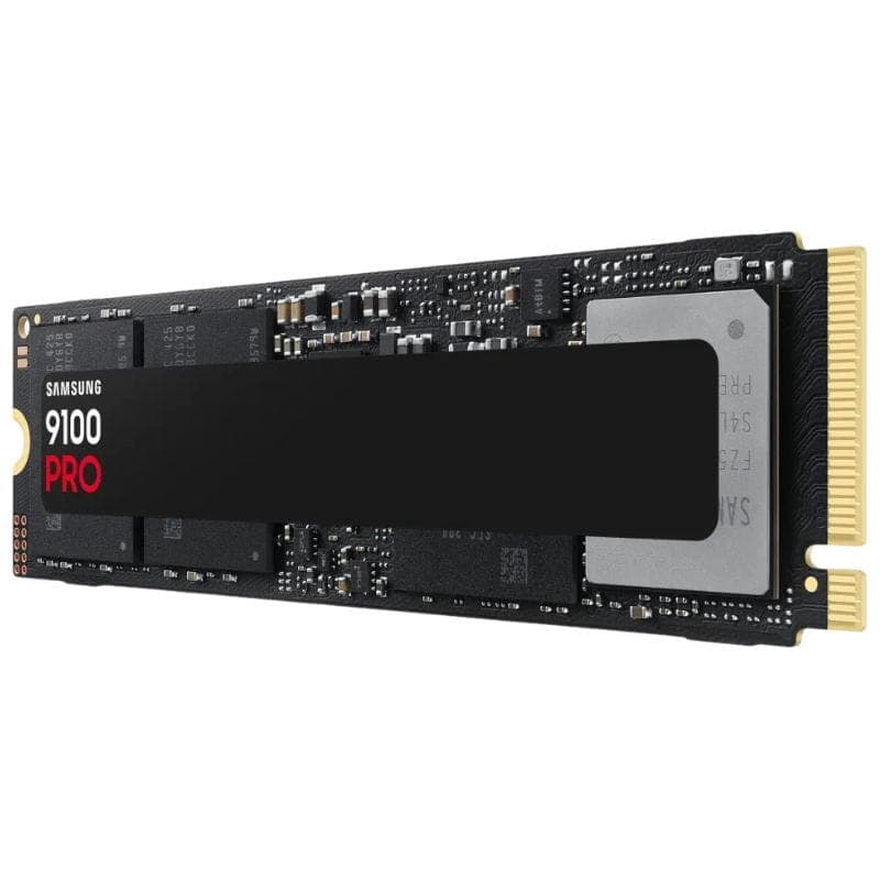 SSD M.2 NVMe Samsung 9100 Pro 1 To noir, étiquette centrale, composants visibles sur PCB, connecteur doré PCIe 5.0 à droite, format compact et fin