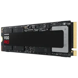 SSD M.2 NVMe Samsung 9100 Pro 1 To noir, étiquette centrale, composants visibles sur PCB, connecteur doré PCIe 5.0 à droite, format compact et fin