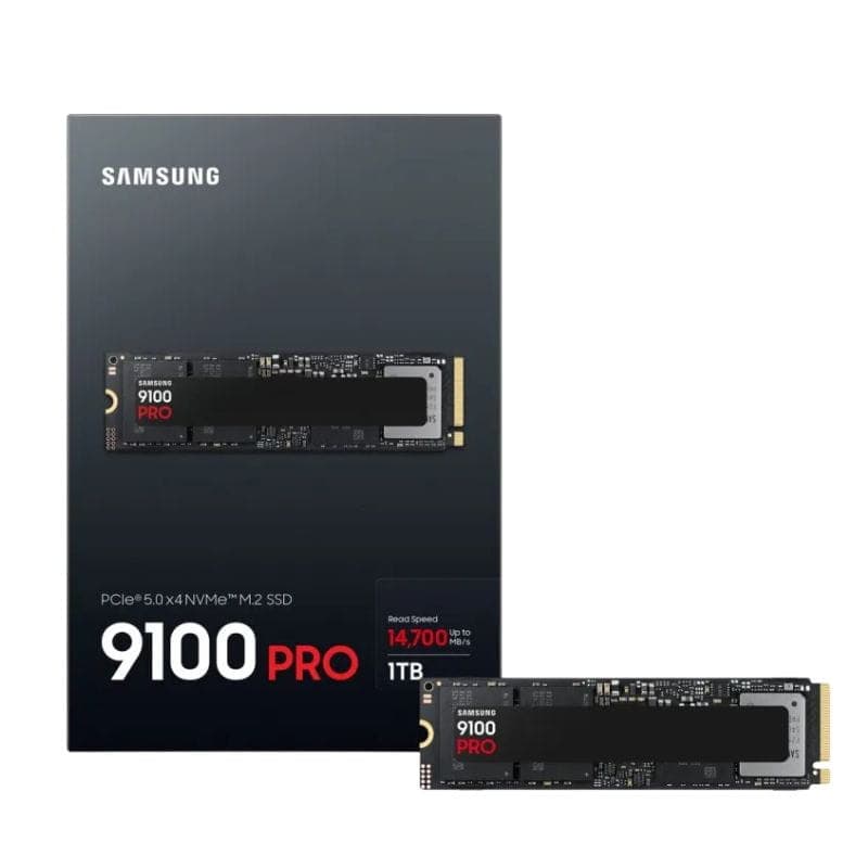 Disque dur SSD 1 To Samsung 9100 Pro M.2 NVMe PCIe 5.0, carte compacte noire avec étiquette centrale et contacts dorés, emballage assorti noir et rouge