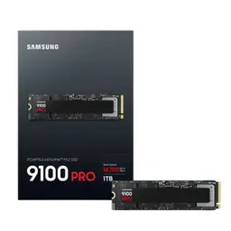 Disque dur SSD 1 To Samsung 9100 Pro M.2 NVMe PCIe 5.0, carte compacte noire avec étiquette centrale et contacts dorés, emballage assorti noir et rouge