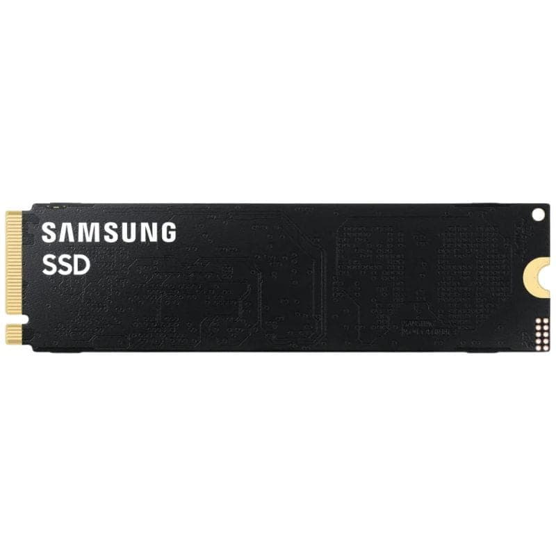 Disque SSD M.2 NVMe noir Samsung, format 2280, étiquette sobre Samsung SSD, connecteur doré PCIe à gauche, circuit imprimé discret et compact