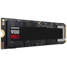 SSD M.2 NVMe Samsung 9100 Pro au format 2280, carte noire avec étiquette noire PRO rouge, puces mémoire visibles et connecteur bord doré PCIe 5.0