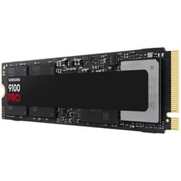 SSD NVMe M.2 Samsung 9100 Pro 2 To au format carte mince, dissipateur noir, puces apparentes et connecteur doré PCIe 5.0, design noir élégant