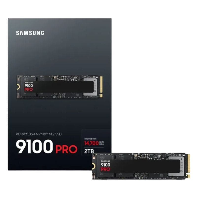 SSD M.2 NVMe Samsung 9100 Pro 2 To, format compact noir avec étiquette rouge 9100 Pro, interface PCIe 5.0, vitesse indiquée 14700 Mo/s sur l’emballage