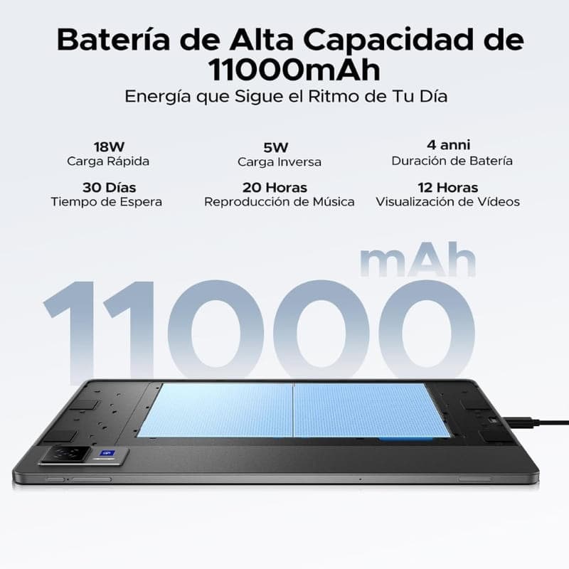 Batería de 11000 mAh con carga rápida e inversa, hasta 4 días de uso. Diseño del módulo azul visible y puerto USB-C en el Doogee U13 Vip Edition WiFi azul