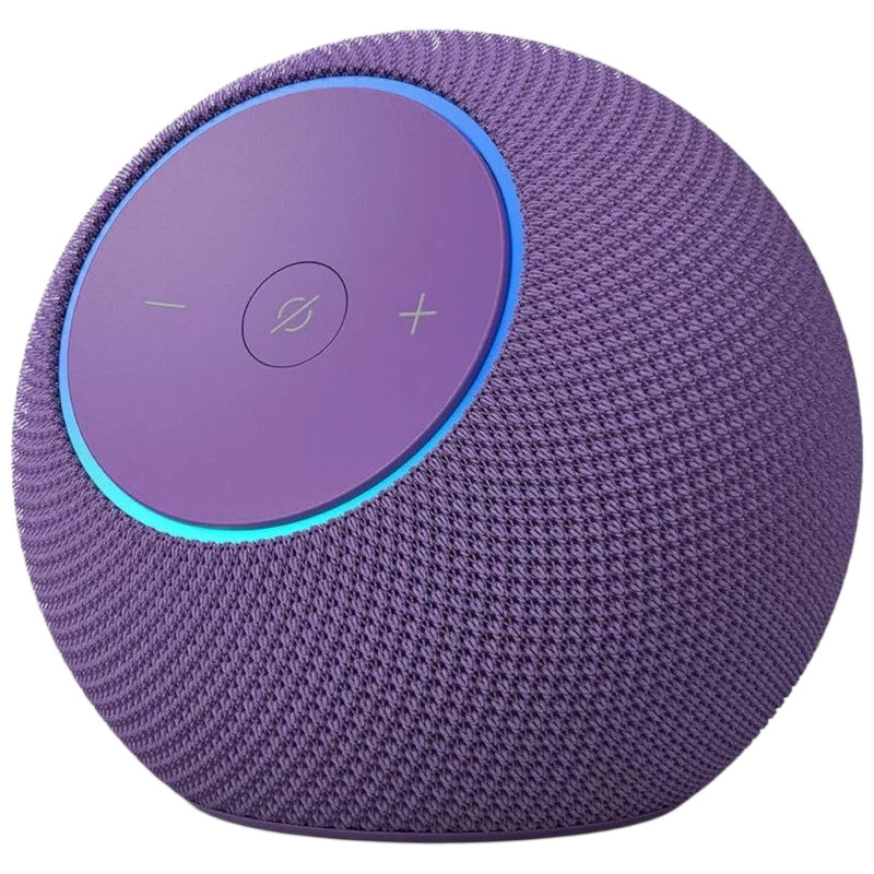Altavoz esférico color amatista con tela de malla, aro LED azul y panel superior táctil con botones de volumen y silencio; diseño compacto y moderno - Ítem