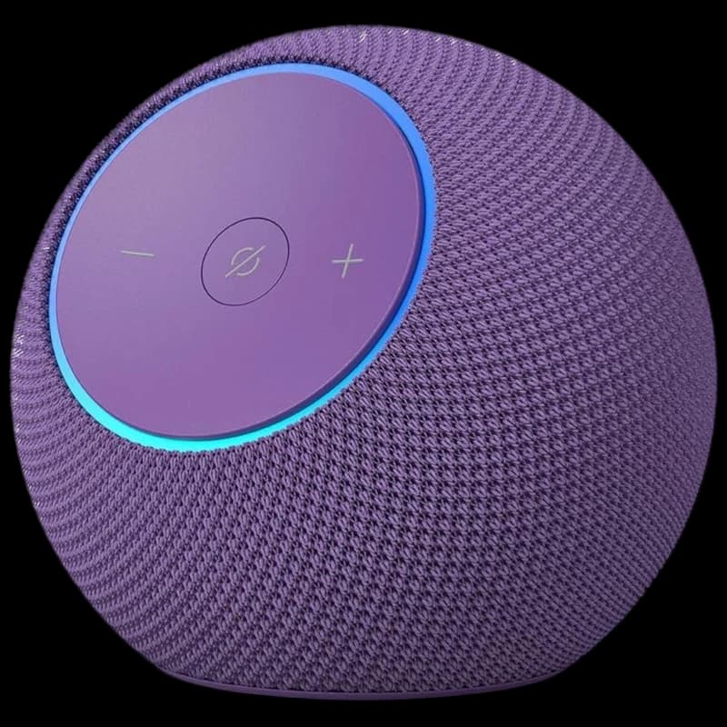 Altavoz esférico color amatista con tela de malla, aro LED azul y panel superior táctil con botones de volumen y silencio; diseño compacto y moderno