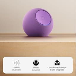 Amazon Echo Dot Max 2025 Amatista, altavoz esférico morado con malla textil, aro LED azul, botones + y -, diseño minimalista y base plana