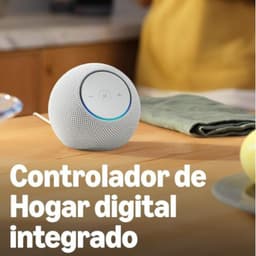Amazon Echo Dot Max 2025 Amatista, altavoz esférico gris con malla textil, aro LED azul, botones de volumen y acción, cable trasero, diseñado para hogar