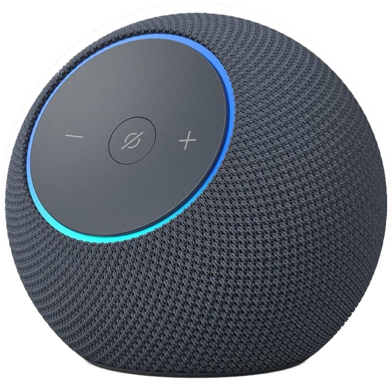 Amazon Echo Dot Max 2025 en color grafito, forma esférica con malla textil, anillo LED azul y panel superior con botones de volumen y silencio táctiles - Ítem