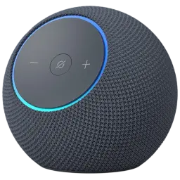 Amazon Echo Dot Max 2025 en color grafito, forma esférica con malla textil, anillo LED azul y panel superior con botones de volumen y silencio táctiles