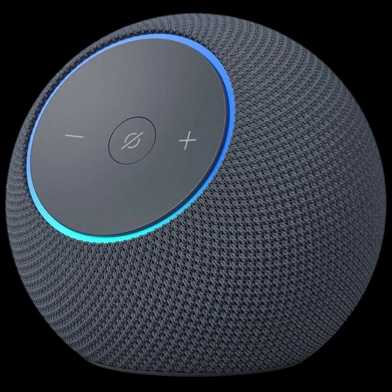 Amazon Echo Dot Max 2025 Grafite em formato esférico, malha têxtil escura, anel de luz azul, topo com botões de volume e microfone mute