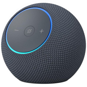 Amazon Echo Dot Max 2025 en color grafito, forma esférica con malla textil, anillo LED azul y panel superior con botones de volumen y silencio táctiles