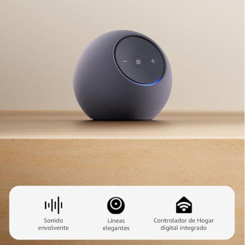 Amazon Echo Dot Max 2025 en color grafito, forma esférica con malla textil, anillo LED azul y panel superior con botones de volumen y silencio táctiles - Ítem1