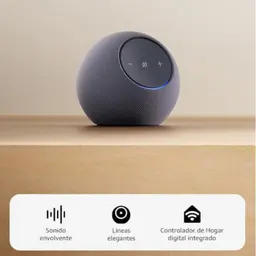 Amazon Echo Dot Max 2025 en color grafito, diseño esférico con malla textil, panel superior táctil con controles y luz LED azul, estilo minimalista