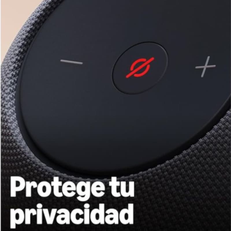Amazon Echo Dot Max 2025 Grafite com botão de microfone silenciado, tecido cinza texturizado e controles de volume + e − no topo circular