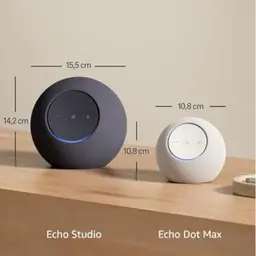 Amazon Echo Dot Max 2025 Grafito altavoz compacto esférico, malla textil grafito, aro LED azul, panel táctil superior con controles y micrófono silenciado