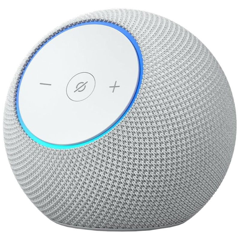 Amazon Echo Dot Max 2025 Blanco con diseño esférico, malla gris clara, panel superior blanco con botones + y -, luz LED azul alrededor del borde - Ítem