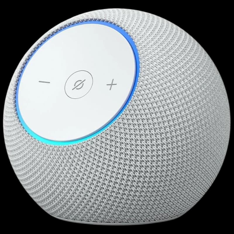 Amazon Echo Dot Max 2025 Blanco con diseño esférico, malla gris clara, panel superior blanco con botones + y -, luz LED azul alrededor del borde