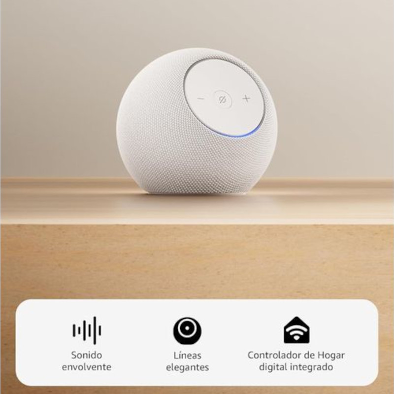 Amazon Echo Dot Max 2025 Blanco con diseño esférico, malla gris clara, panel superior blanco con botones + y -, luz LED azul alrededor del borde - Ítem1