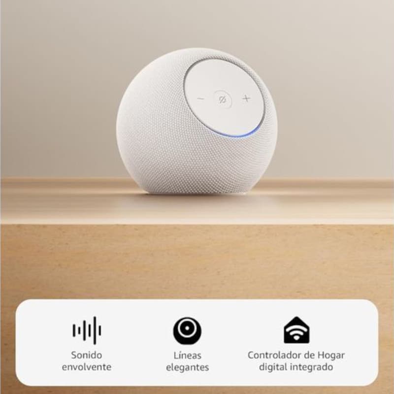 Amazon Echo Dot Max (2025) Blanco, altavoz esférico texturizado con panel superior circular, botones + y −, luz LED azul y diseño minimalista para hogar