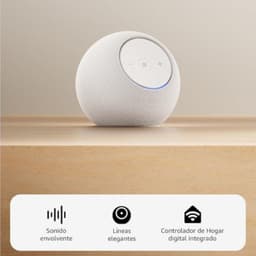 Amazon Echo Dot Max (2025) Blanco, altavoz esférico texturizado con panel superior circular, botones + y −, luz LED azul y diseño minimalista para hogar