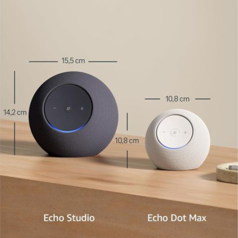 Amazon Echo Dot Max 2025 Blanco con diseño esférico, malla gris clara, panel superior blanco con botones + y -, luz LED azul alrededor del borde - Ítem5