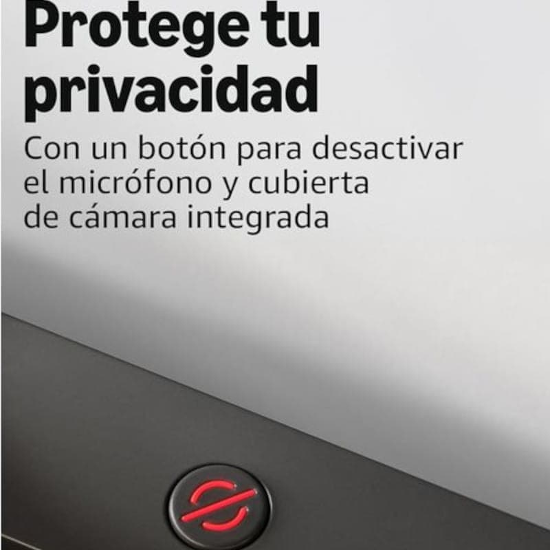 Botón físico de privacidad en Echo Show 15: interruptor para desactivar micrófono y cubierta de cámara integrada, resaltado con icono rojo sobre marco negro