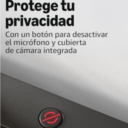 Botón físico de privacidad en Echo Show 15: interruptor para desactivar micrófono y cubierta de cámara integrada, resaltado con icono rojo sobre marco negro