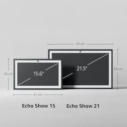 Pantalla inteligente Amazon Echo Show 15 2025 de 15.6 pulgadas Full HD con marco blanco y cámara frontal, comparada junto a un modelo de 21.5 pulgadas