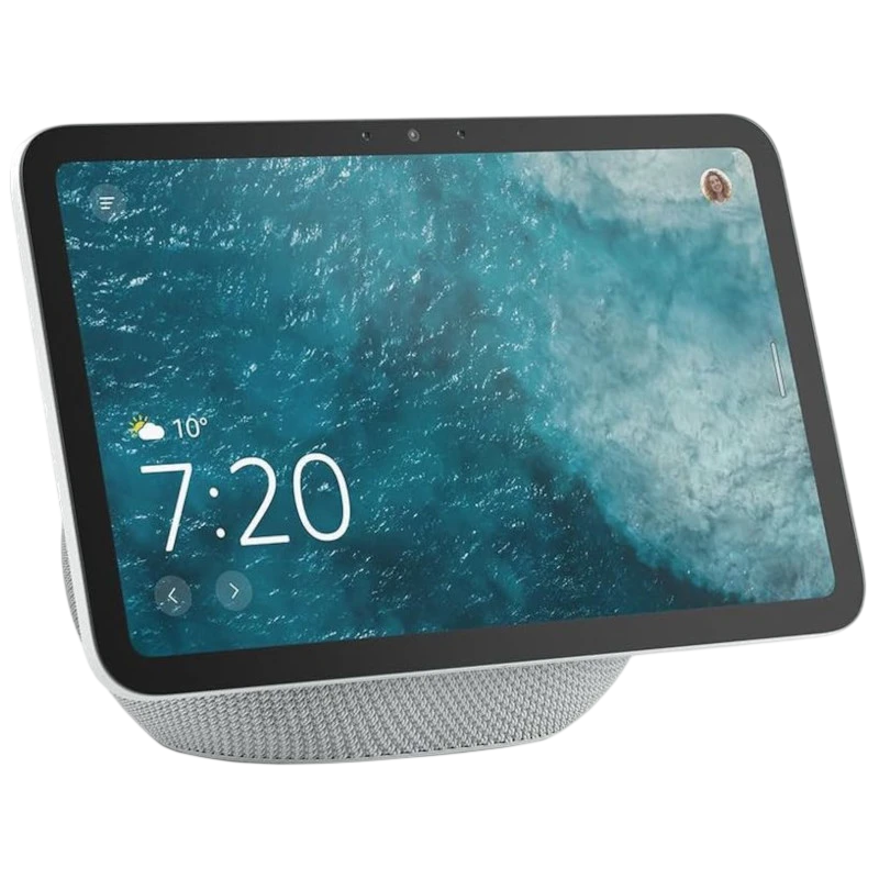 Amazon Echo Show 8 2025 Blanc avec écran tactile incliné, bords fins, caméra frontale centrée et base en tissu maillé gris clair - Ítem