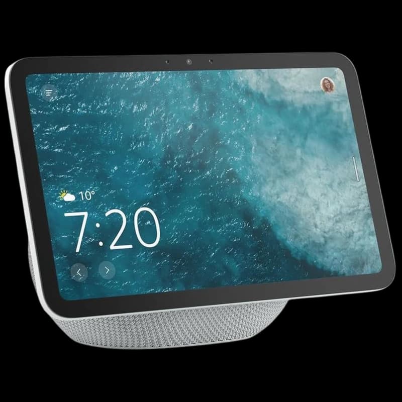 Amazon Echo Show 8 (2025) Blanco con pantalla táctil 8 pulgadas, biseles delgados, cámara frontal, base de malla blanca y display con reloj y clima