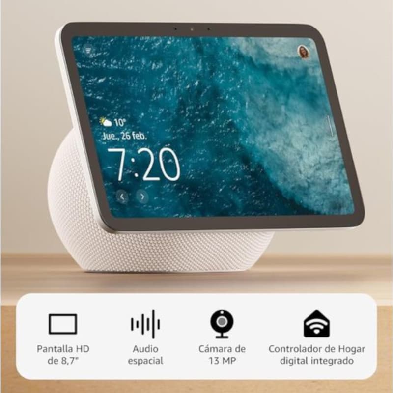 Amazon Echo Show 8 (2025) Blanco con pantalla HD de 8,7 pulgadas, cámara de 13 MP centrada, audio espacial, bisel delgado y base de malla blanca