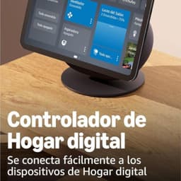 Amazon Echo Show 8 2025 Blanco en soporte giratorio, pantalla táctil mostrando panel de control del hogar digital, marco negro y base circular elegante