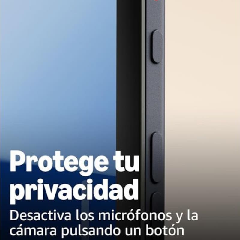 Amazon Echo Show 8 2025 Blanco con botón físico para desactivar micrófonos y cámara, borde negro y pantalla brillante que enfatiza privacidad
