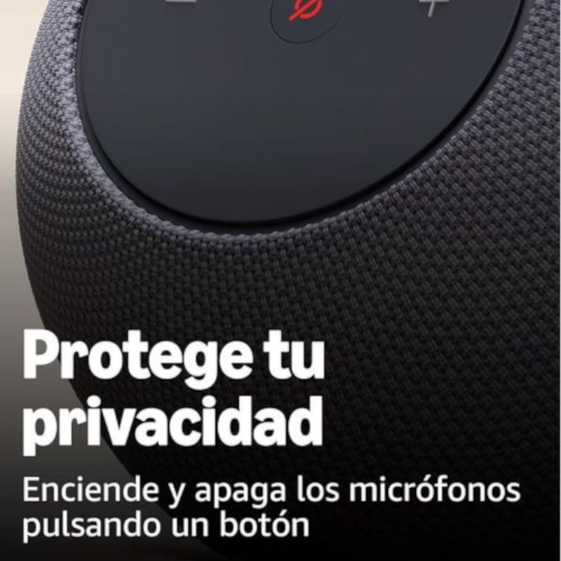 Amazon Echo Studio Grafito, altavoz esférico gris con malla textil, aro LED azul y panel superior con botones +, − y acción. Diseño moderno y minimalista - Ítem4