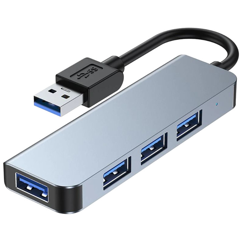 Hub USB BYL-2013U 4 en 1 gris avec 1 port USB 3.0 bleu et 3 ports USB 2.0, boîtier aluminium, câble USB-A court, LED discrète, design compact et fin - Ítem