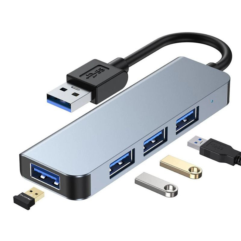 Hub USB BYL-2013U 4 en 1 gris avec 1 port USB 3.0 bleu et 3 ports USB 2.0, boîtier aluminium, câble USB-A court, LED discrète, design compact et fin - Ítem1