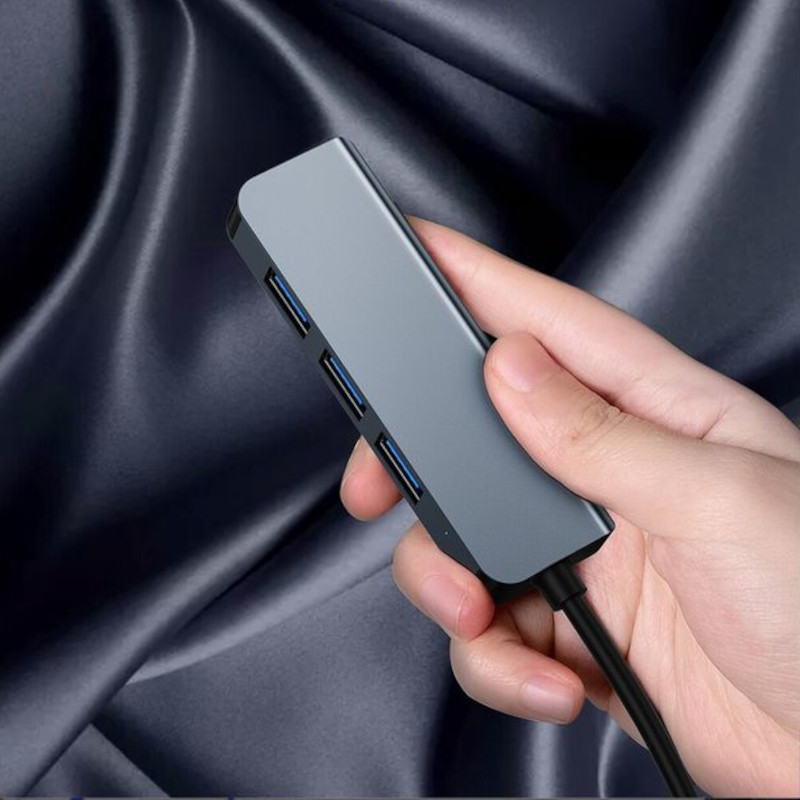 Hub USB BYL-2013U 4 en 1 gris avec 1 port USB 3.0 bleu et 3 ports USB 2.0, boîtier aluminium, câble USB-A court, LED discrète, design compact et fin - Ítem6