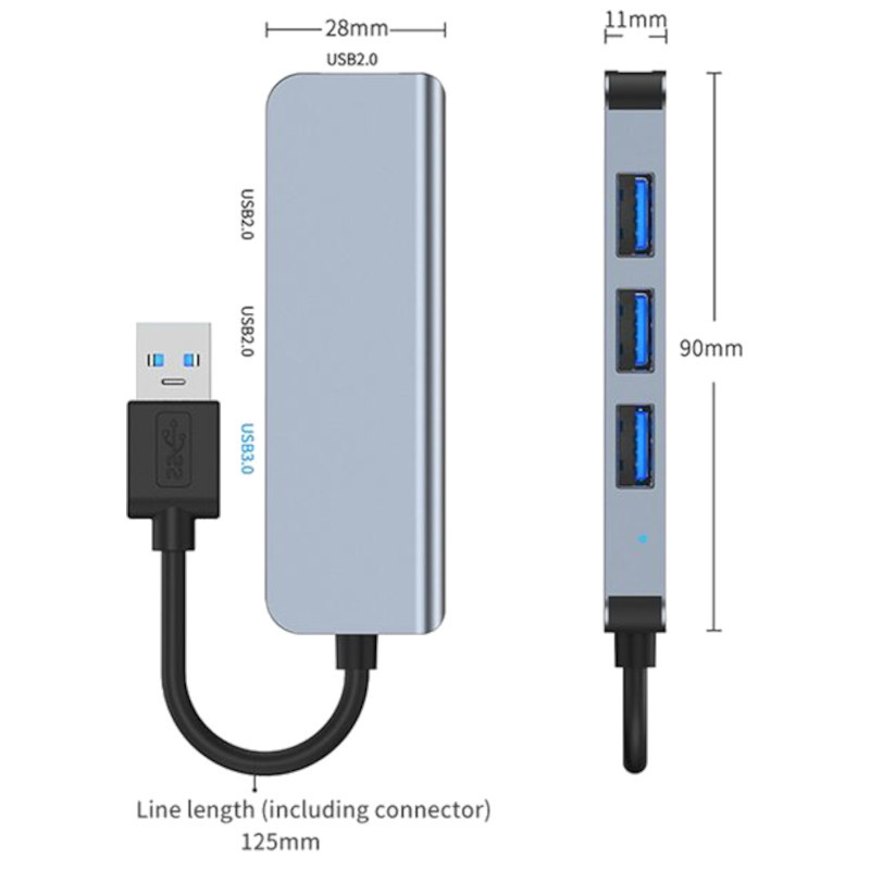 Hub USB BYL-2013U 4 en 1 gris avec 1 port USB 3.0 bleu et 3 ports USB 2.0, boîtier aluminium, câble USB-A court, LED discrète, design compact et fin - Ítem7