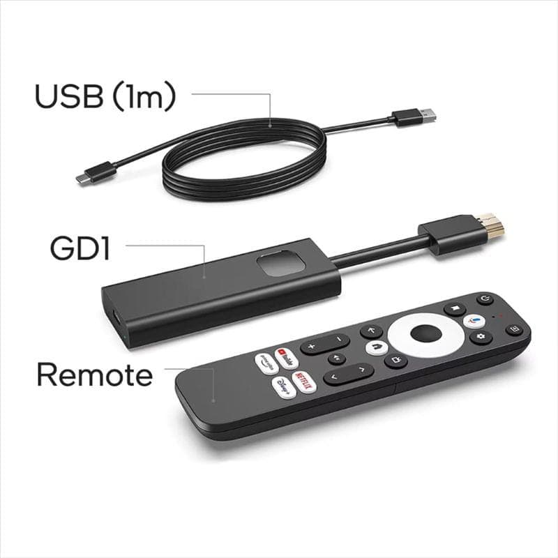 UBISHENG GD1 2GB/16GB 4K Android TV Stick con dongle HDMI compacto, cable USB 1 m y control remoto con teclas rápidas para streaming y apps