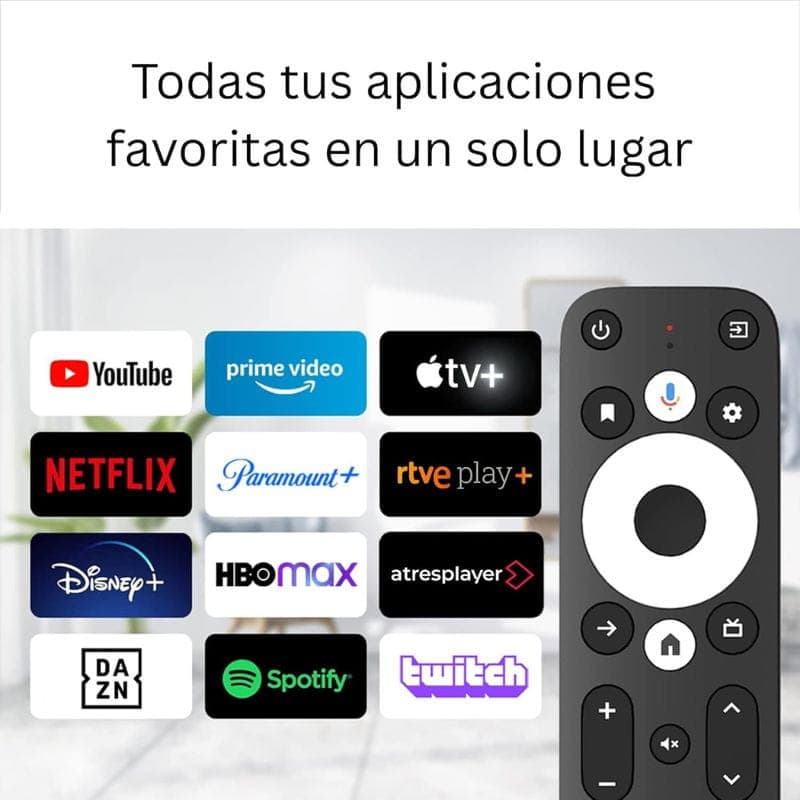 UBISHENG GD1 2GB/16GB 4K Android TV Stick con mando minimalista; botones de navegación y atajos a apps como YouTube, Netflix, Disney+, HBO Max y más