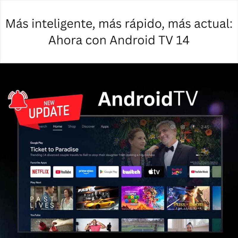 UBISHENG GD1 2GB/16GB 4K Android TV Stick con Android TV 14, interfaz moderna, apps como Netflix y YouTube, streaming 4K fluido y actualizaciones recientes
