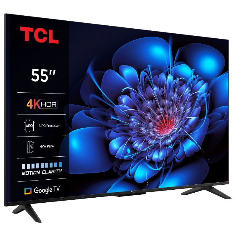 TV TCL 55 55P61K UHD com Google TV, HDR10 e Dolby Audio, cor preta. Tela fina com bordas estreitas e base dupla, visual moderno e elegante. - Item1